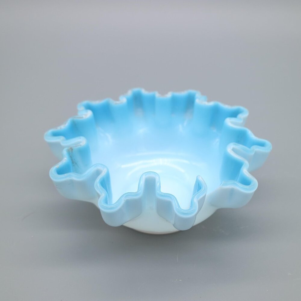 Vintage Blue and White Milk Glass Ruffled Bowl | Art Glass